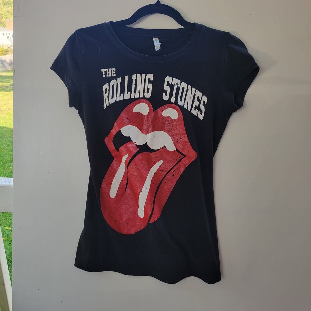 The Rolling Stones‎ Juniors L Logo Graphic T-Shirt Rounded Back Hem Band Rock